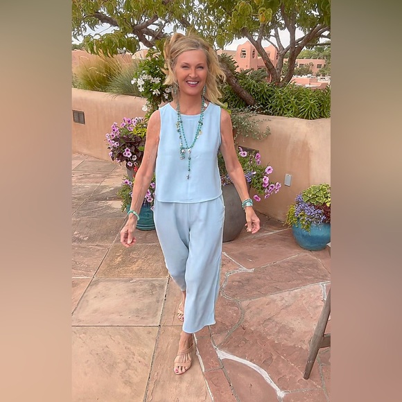 NWT 2PC BLUE LINEN BLEND CROP PANT SET-S - Picture 3 of 16